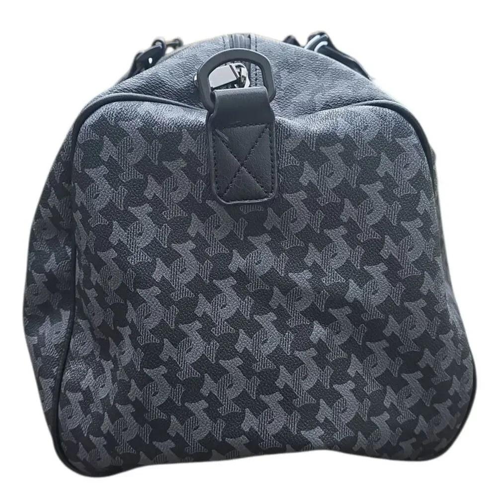 True Religion Tuya Unisex Duffel Black Houndstooth Faux Leather Bag Shoe Pocket